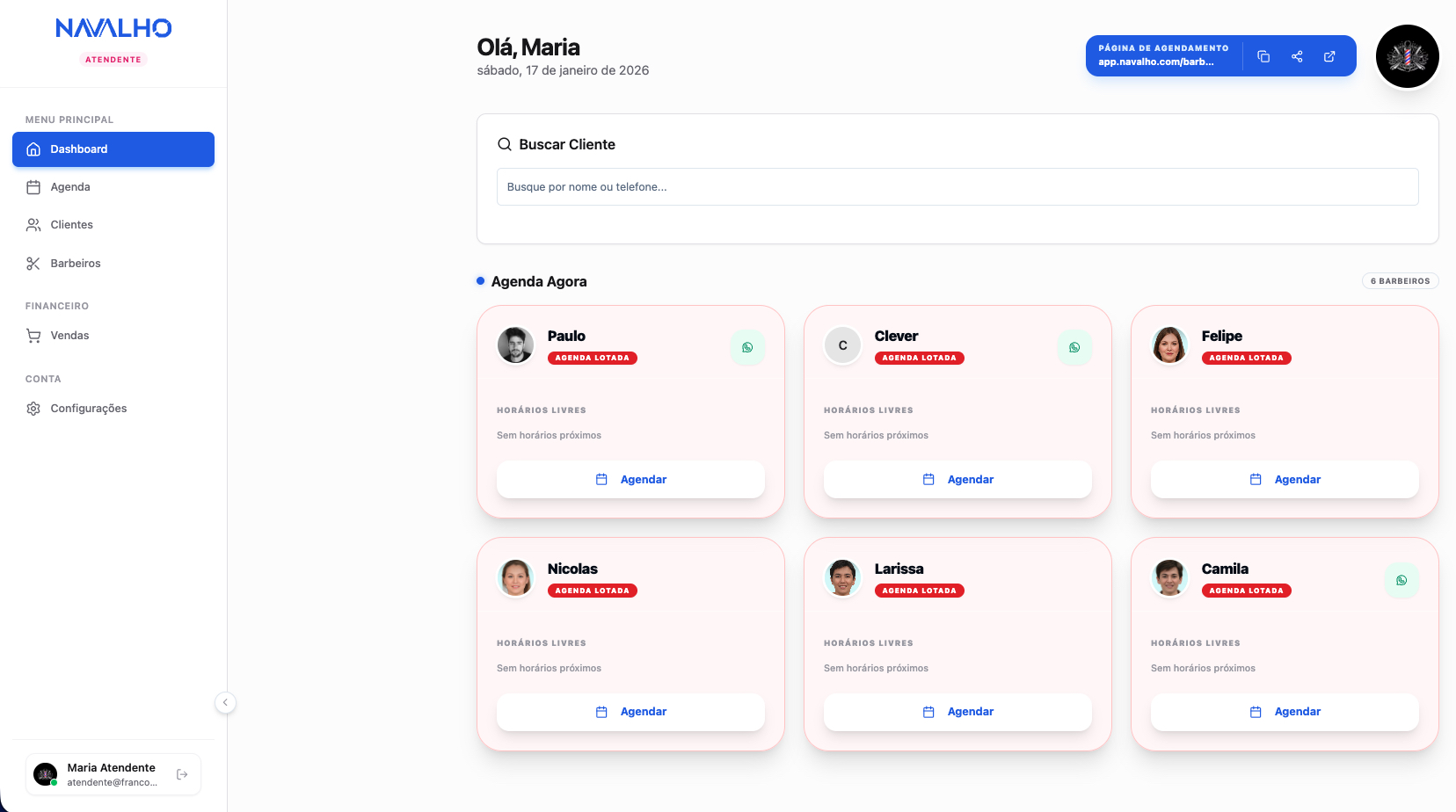 Dashboard da Recepção da Barbearia